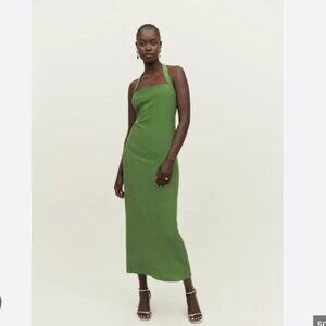 Reformation Alli Silk Dress | Green 100% Silk Halter Maxi Dress
